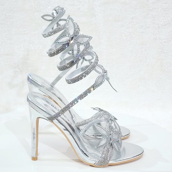 Fly Girl 2 Metallic Silver Upper & Rhinestones Butterfly Wrap Strap High H… - Picture 4 of 11